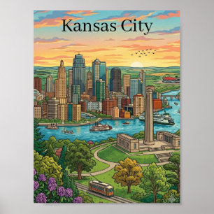 Affiche Art de voyage de la skyline de Kansas City vintage