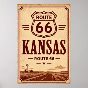 Affiche Art de voyage sur la Route 66 vintage dans la prai