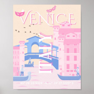 Affiche Art de voyage Venise, Italie, Art de voyage, Rose