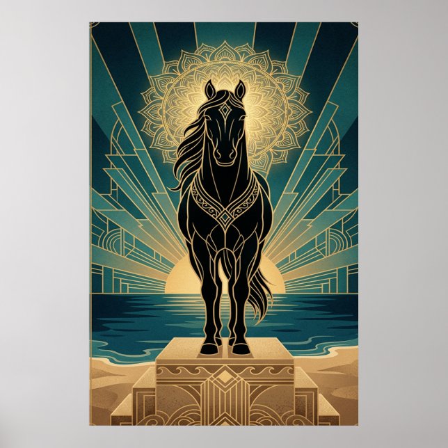 Affiche Art Deco Black Horse Mandala Sunset Teal Gold Post (Devant)