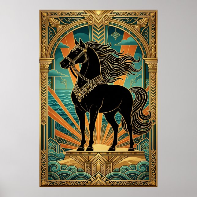 Affiche Art Deco Black Horse Statue Sunburst Teal Gold (Devant)