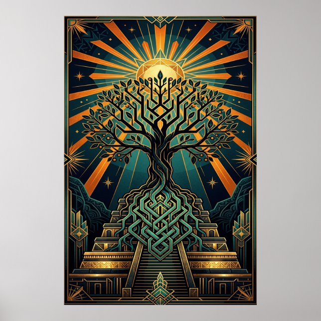 Affiche Art Deco Celtic Tree of Life Pyramid Gold Teal  (Devant)