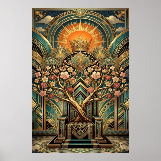 Affiche Art Deco Cherry Blossom Tree Throne Gold Teal (Devant)