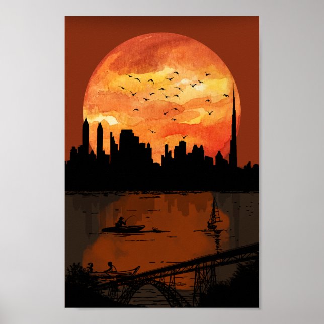 Affiche Art Deco City Skyline Sunset Geometric Gold & Bron (Devant)