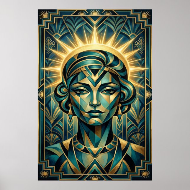 Affiche Art Déco Cubiste Femme Coucher de soleil O (Devant)