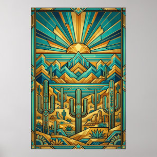 Affiche Art Déco du désert au coucher du soleil - 