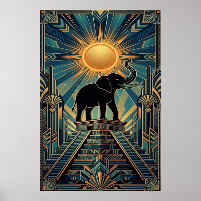 Affiche Art Deco Elephant Pyramid Golden Sunset (Devant)
