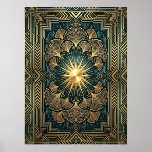 Affiche Art Déco feuille de Ginkgo en soleil levan