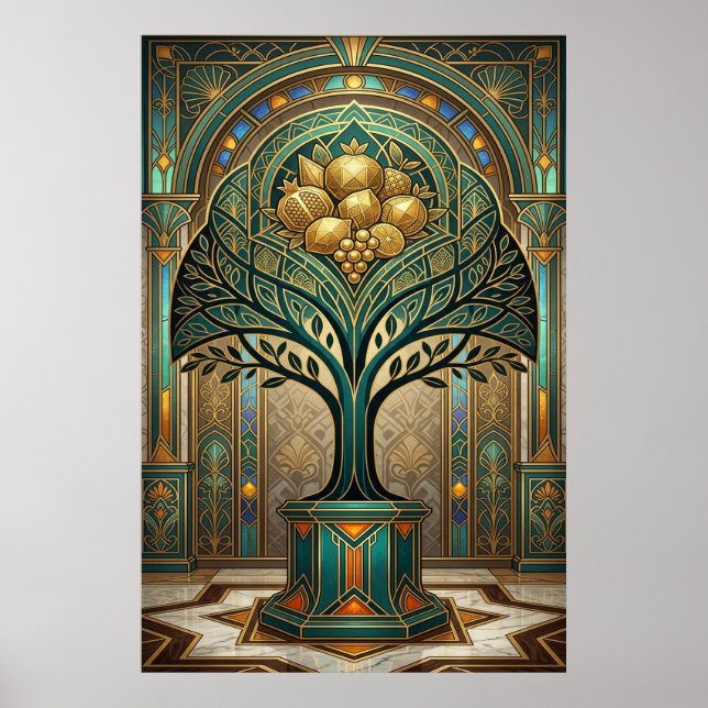 Affiche Art Deco Golden Harvest Fruit Tree Gold Teal Poste (Devant)