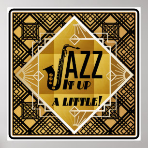 Affiche Art deco jazz saxophone black gold music