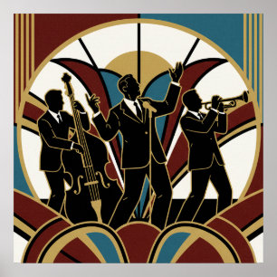 Affiche Art Déco Jazz Trompette Soleil Radieux D
