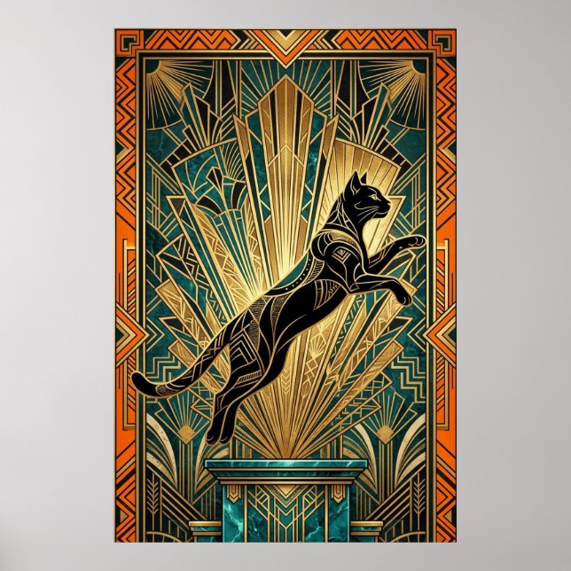 Affiche Art Deco Leaping Black Cat Wall Art (Devant)