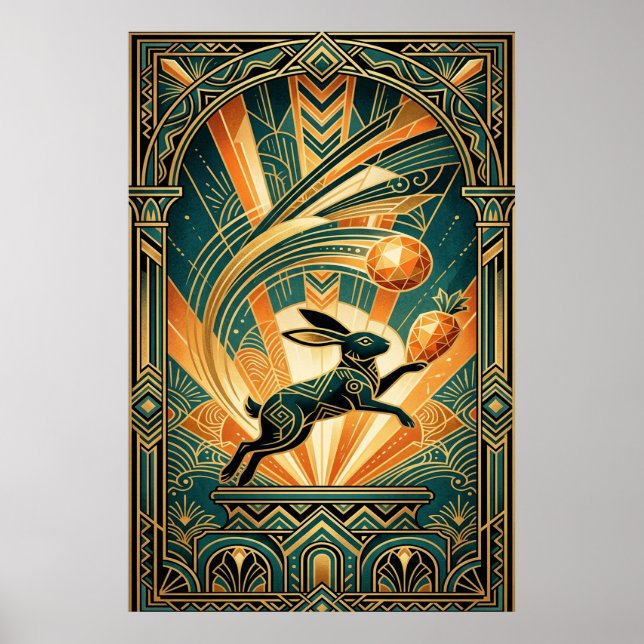 Affiche Art Deco Leaping Rabbit Gold & Teal Art (Devant)