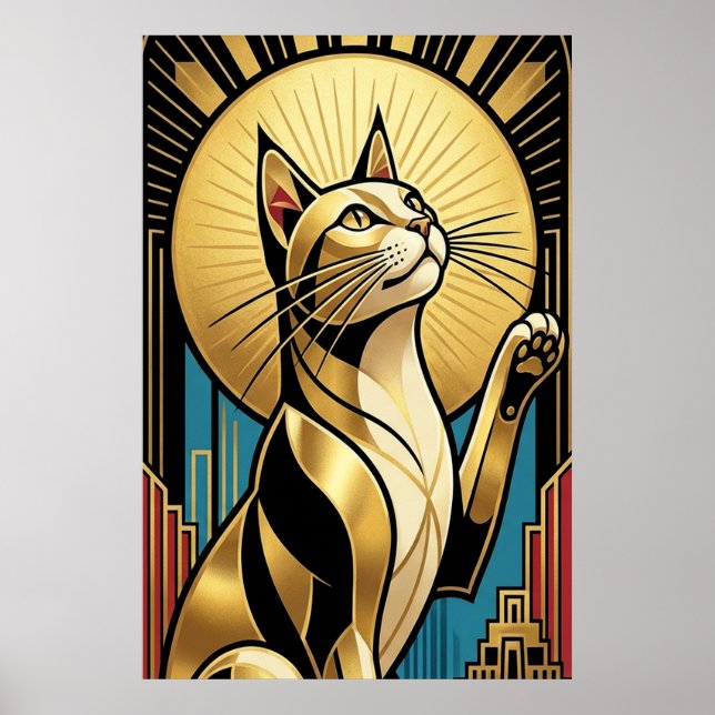 Affiche Art Deco Modern Golden Tuxedo Cat Wall Art (Devant)