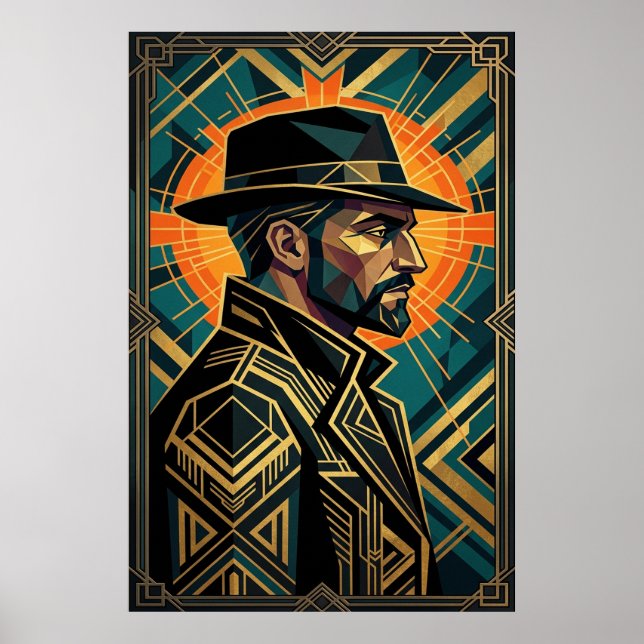 Affiche Art Deco Noir Detective Fedora Profile Gold  (Devant)
