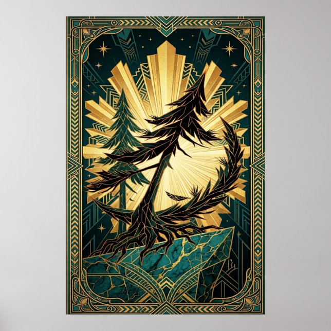 Affiche Art Deco Pine Tree Silhouette Gold Teal Cliff Post (Devant)