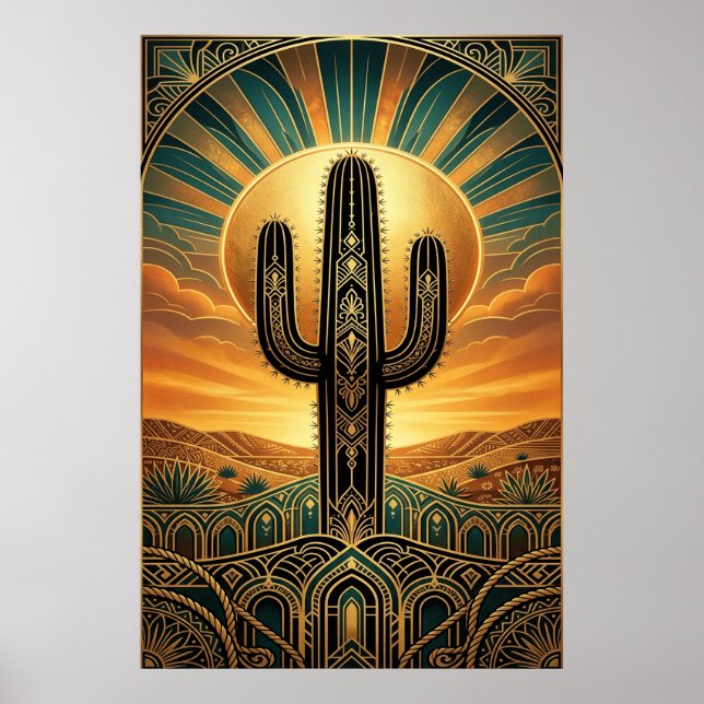Affiche Art Deco Saguaro Cactus Sunburst Desert Gold Teal  (Devant)