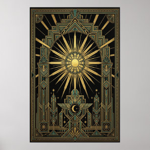 Affiche Art Déco Soleil et Lune Célestes   Géométr