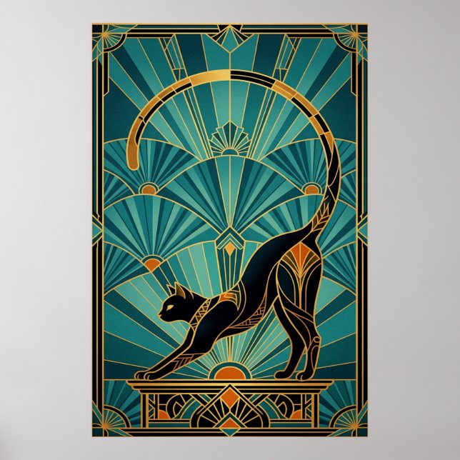 Affiche Art Deco Stretching Black Cat Wall Art (Devant)