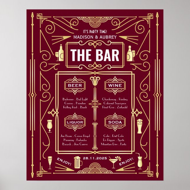 Affiche Art Deco Wedding Gold Burgundy Open Bar Party Menu (Devant)