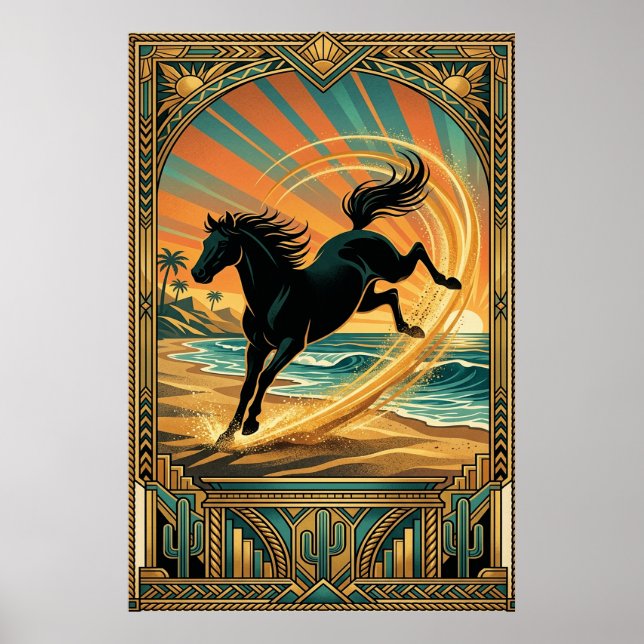 Affiche Art Deco Wild Horse Beach Sunset Teal Orange (Devant)