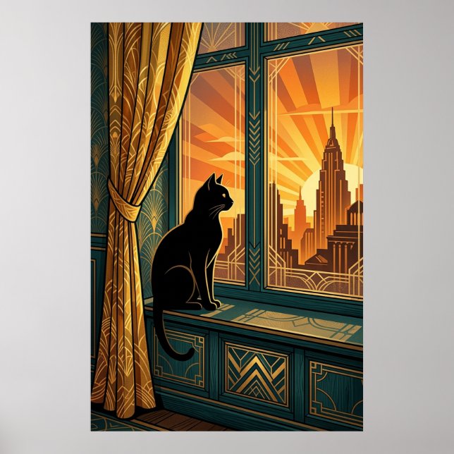 Affiche Art Deco Windowsill Gazing Cat Wall Art (Devant)