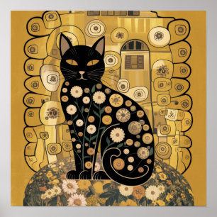 Affiche Art décoratif de chat noir de style Gustav Klimt d