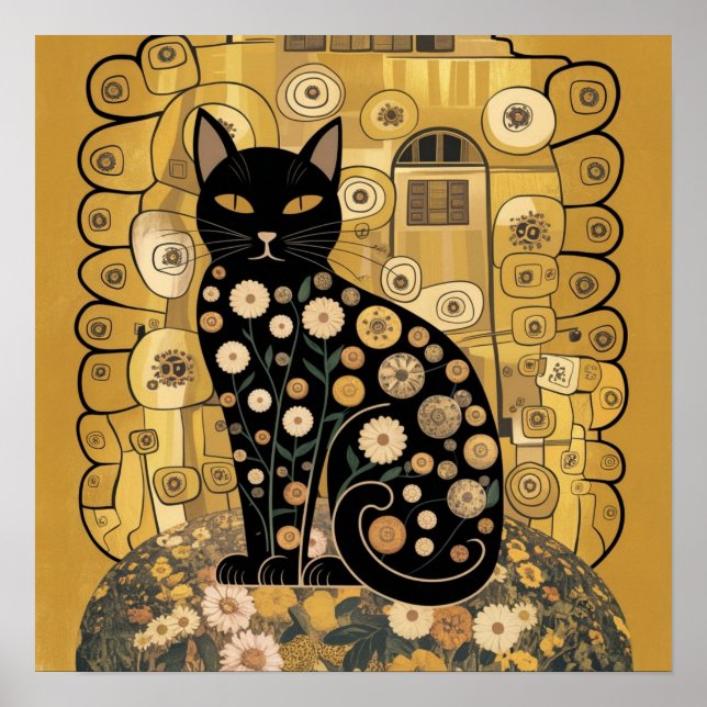 Affiche Art décoratif de chat noir de style Gustav Klimt d (Devant)