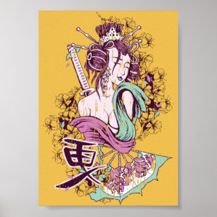 Affiche art décoratif japonais samouraï geisha cool
