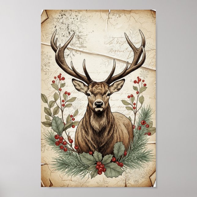 Affiche Art découpage de cerfs de Noël vintage (Devant)