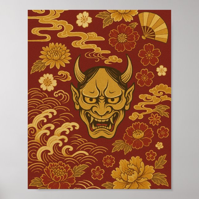 Affiche "Art démon japonais traditionnel avec vagues flora (Devant)