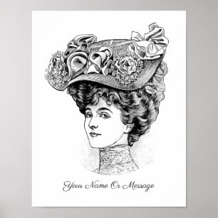 Affiche Art des années 1800 d'une femme avec un chapeau fl