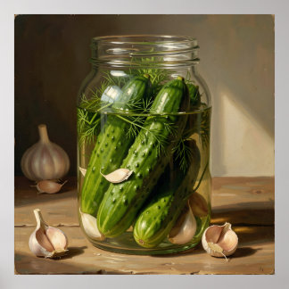 Affiche Art des concombres verts, brins d'aneth et gousses