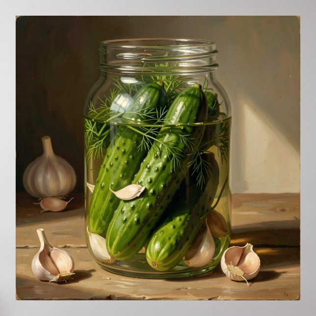 Affiche Art des concombres verts, brins d'aneth et gousses (Devant)