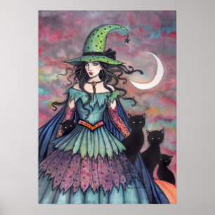 Affiche Art d'Halloween sorcière et chats noirs
