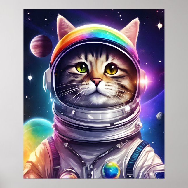 Affiche Art d'illustration de chat spatial, Astronaut Cat  (Devant)
