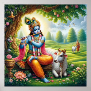 Affiche Art divin de Krishna jouant de la flûte bleue