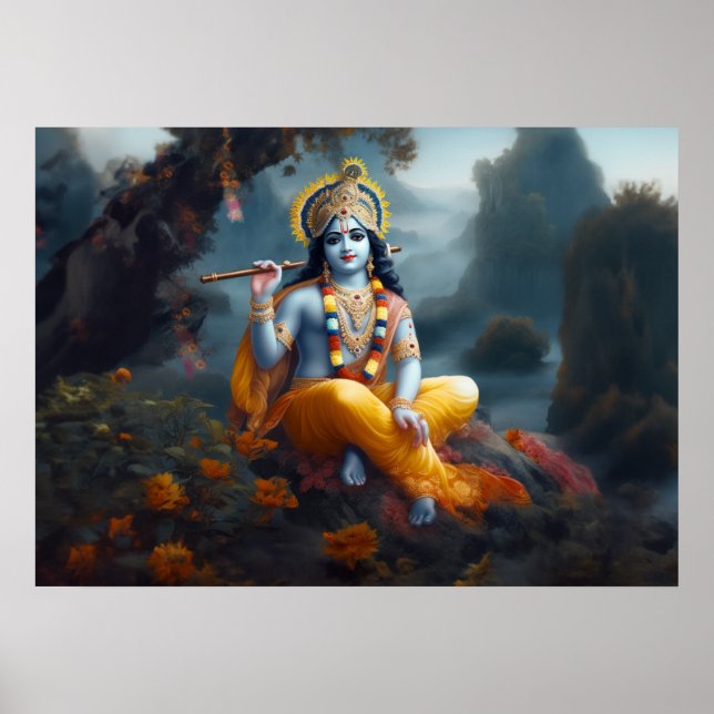 Affiche Art divin du Seigneur Krishna bleu (Devant)