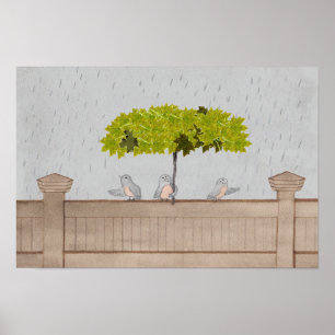 Affiche Art d'oiseau 3 Oiseaux sous la pluie