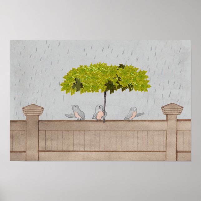 Affiche Art d'oiseau 3 Oiseaux sous la pluie (Devant)