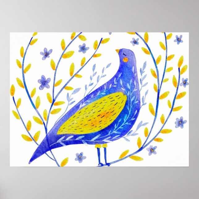 Affiche Art d'oiseau bleu et jaune à l'aquarelle moderne (Devant)