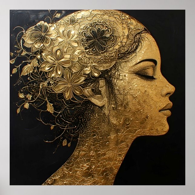 Affiche Art doré élégant du profil d'une femme (Devant)