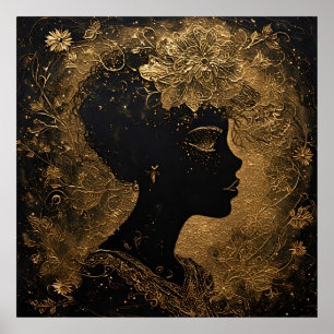 Affiche Art doré élégant du profil d'une femme avec la flo