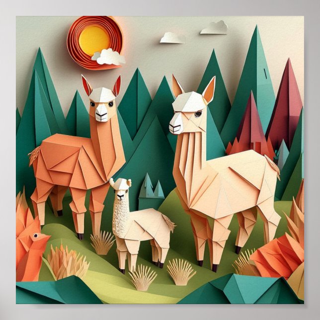 Affiche Art d'origami en papier Alpacas Scène 3D (Devant)
