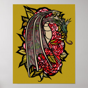 Affiche Art Dragon Roses Rouge