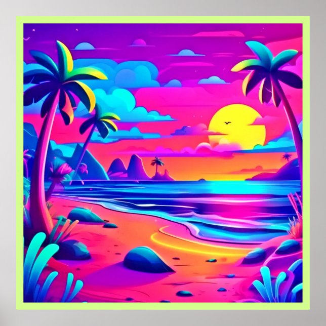 Affiche Art du coucher de soleil sur la plage de Neon (Devant)