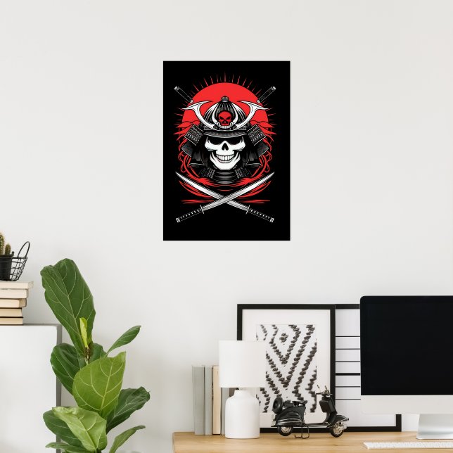 Affiche Art du guerrier Samouraï Crâne Soleil Levant (Bureau à domicile)