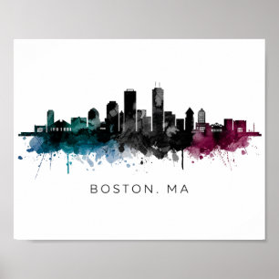 Affiche Art du Massachusetts Aquarelle de la skyline de