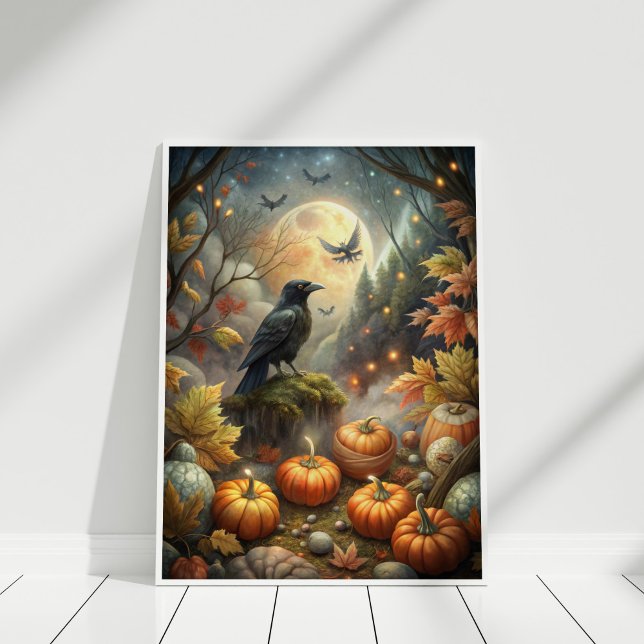 Affiche Art du mur de corbeau d'automne - Forêt de Pleine  (Autumn Raven Wall Art – Mystical Full Moon Forest in a white wooden frame)