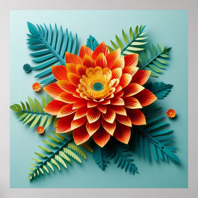 Affiche Art du papier floral orange origami moderne minima (Devant)